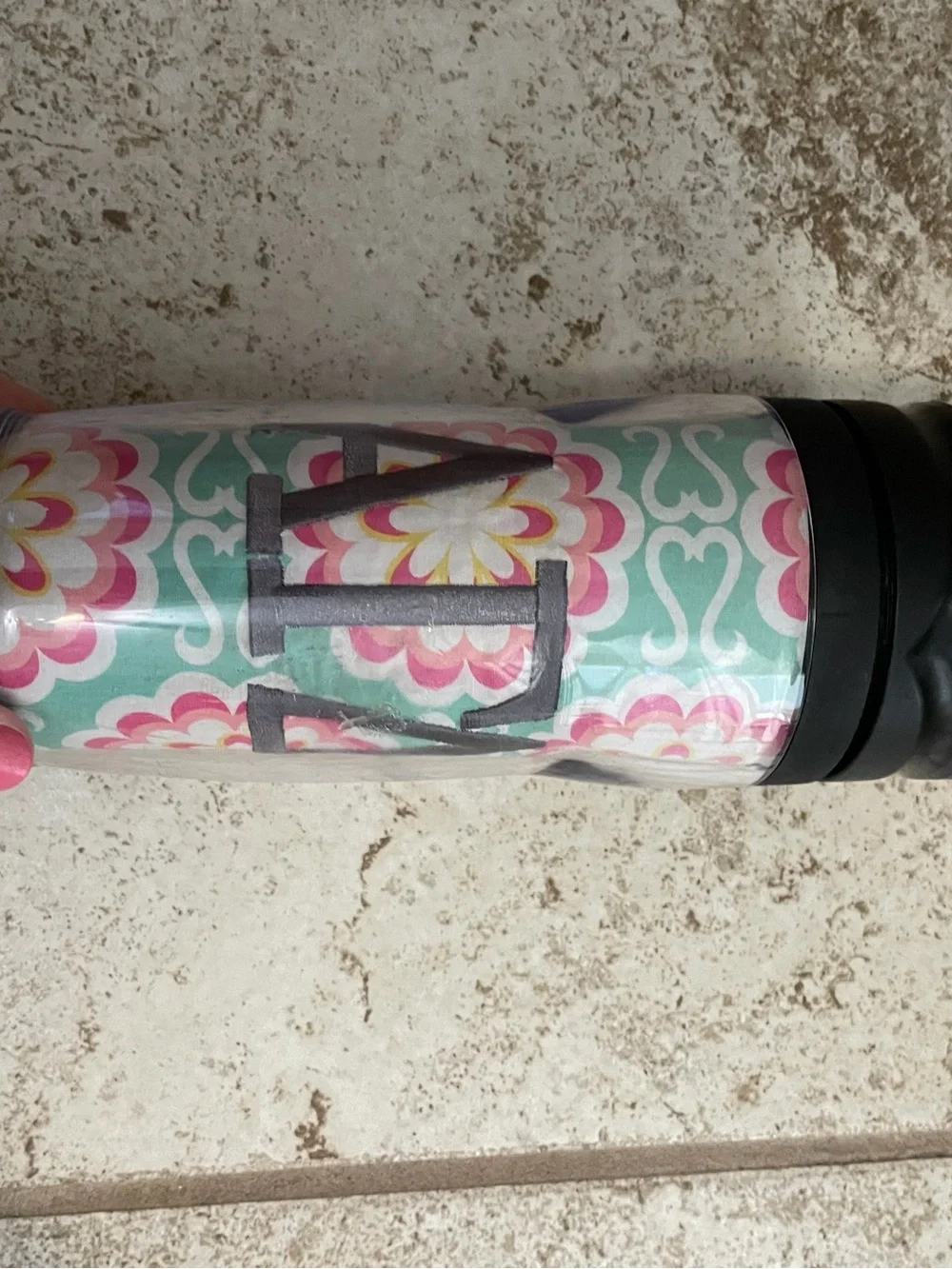 Alpha Gamma, delta, embroidered fabric  Floral Pattern Travel Mug - Pink & Aqua